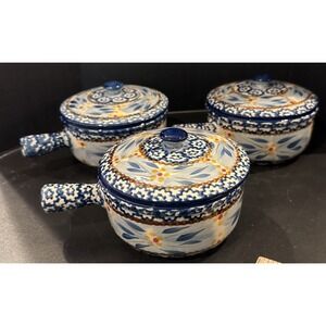 Temptations by Tara Old World Blue Floral Soup Bowls Handle Lid 15 oz Set Of‎ 3